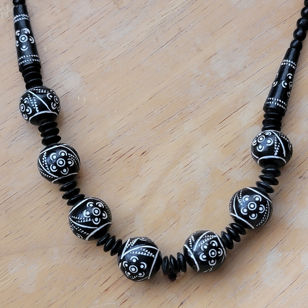 Boho Wood Beaded Necklace Black and White